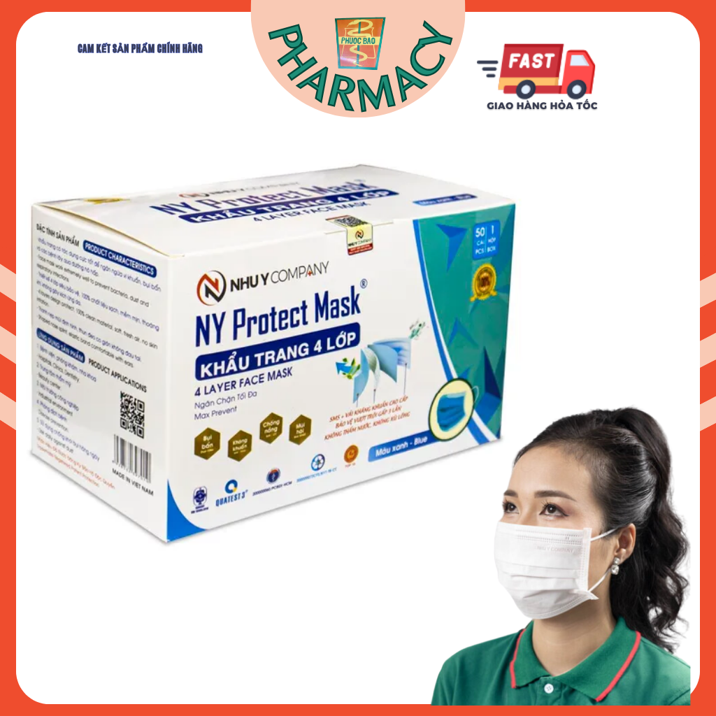 Khẩu trang y tế 4 lớp Như Ý Company (NY PROTECT MASK) vải kháng khuẩn cao cấp- hộp 50 cái
