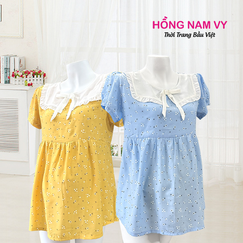 Áo bầu hoa nhí cổ bèo phối nơ đẹp mát