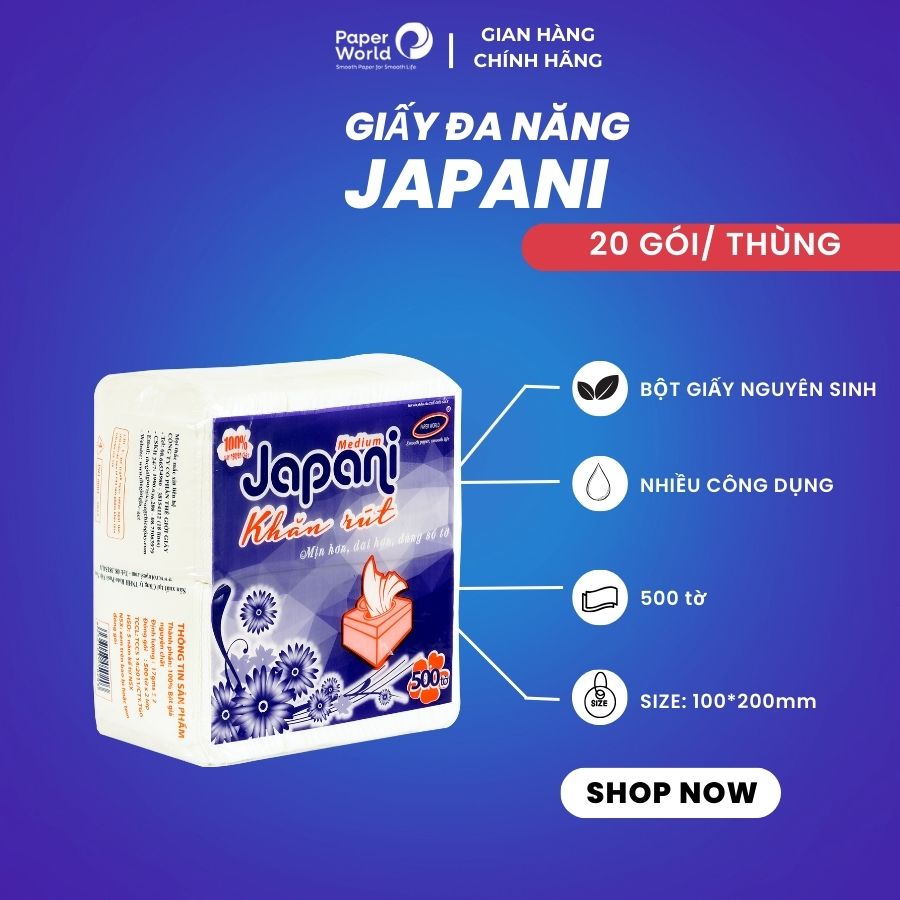 Giấy ăn rút gói 500 tờ siêu dày - siêu dai combo 20 gói japani 500x jp500x | thế giới giấy | 100% bột giấy nguyên sinh | khăn giấy napkin cao cấp | dành cho quán ăn - nhà hàng - quán cà phê
