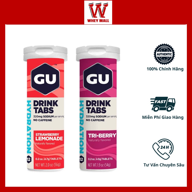 Viên sủi GU Energy Hydration Drink Tabs - Ống 12 viên - Bổ sung nước và điện giải khi hoạt động thể thao