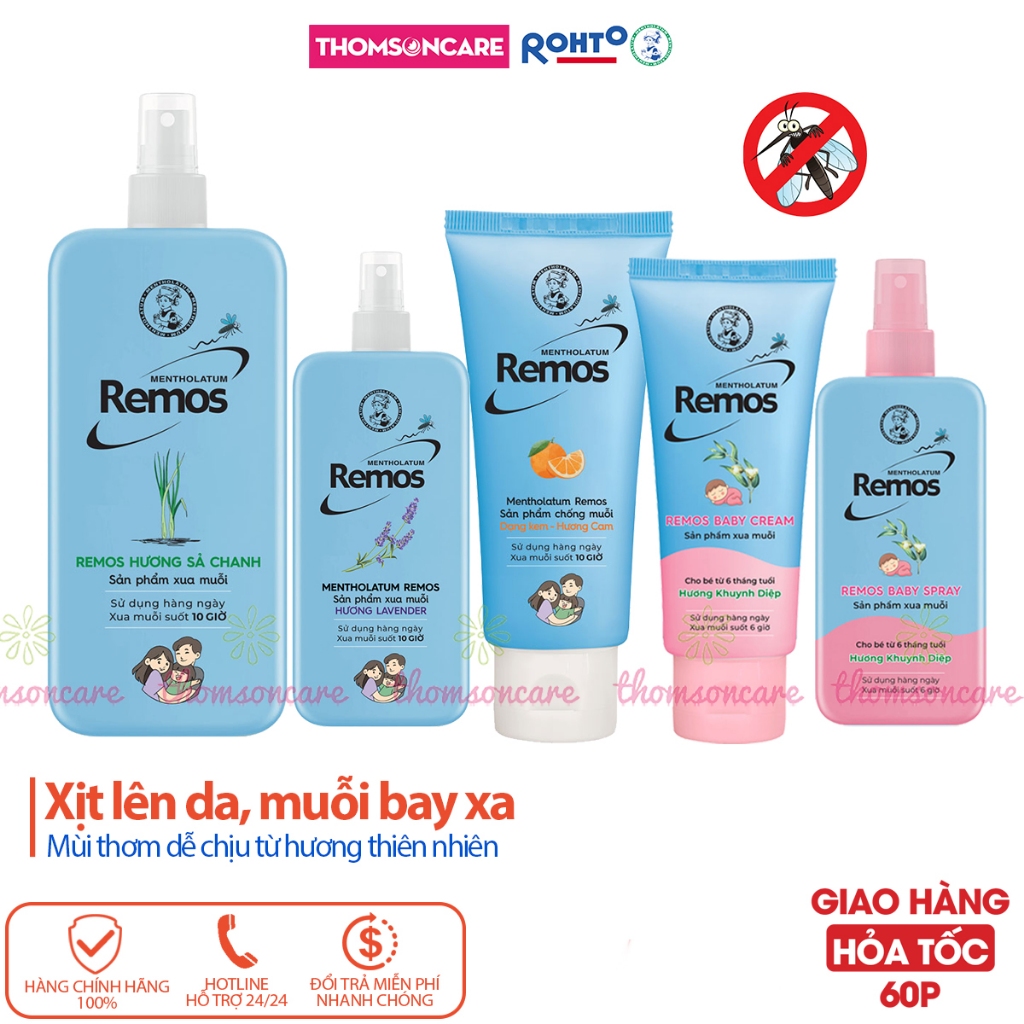 Remos chống muỗi dạng kem, và xịt đuổi muỗi, xịt chống muỗi Remos từ sả chanh, oải hương giúp xua đuổi chống muỗi có thêm lô hội và vitamin E dưỡng da, an toàn cho cả trẻ em và người lớn