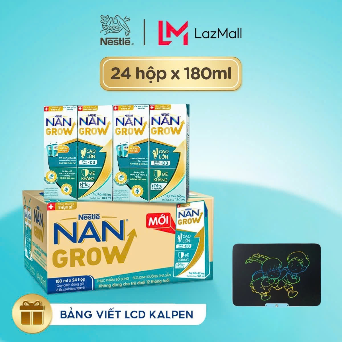 [Tặng Bảng viết LCD Kalpen] Sữa Pha Sẵn Nestlé NANGROW Cho Trẻ Từ 1 Tuổi, Công Thức Thụy Sĩ Giúp Bé Cao Lớn Vượt Trội, Thùng (24 Hộp x 180ml)