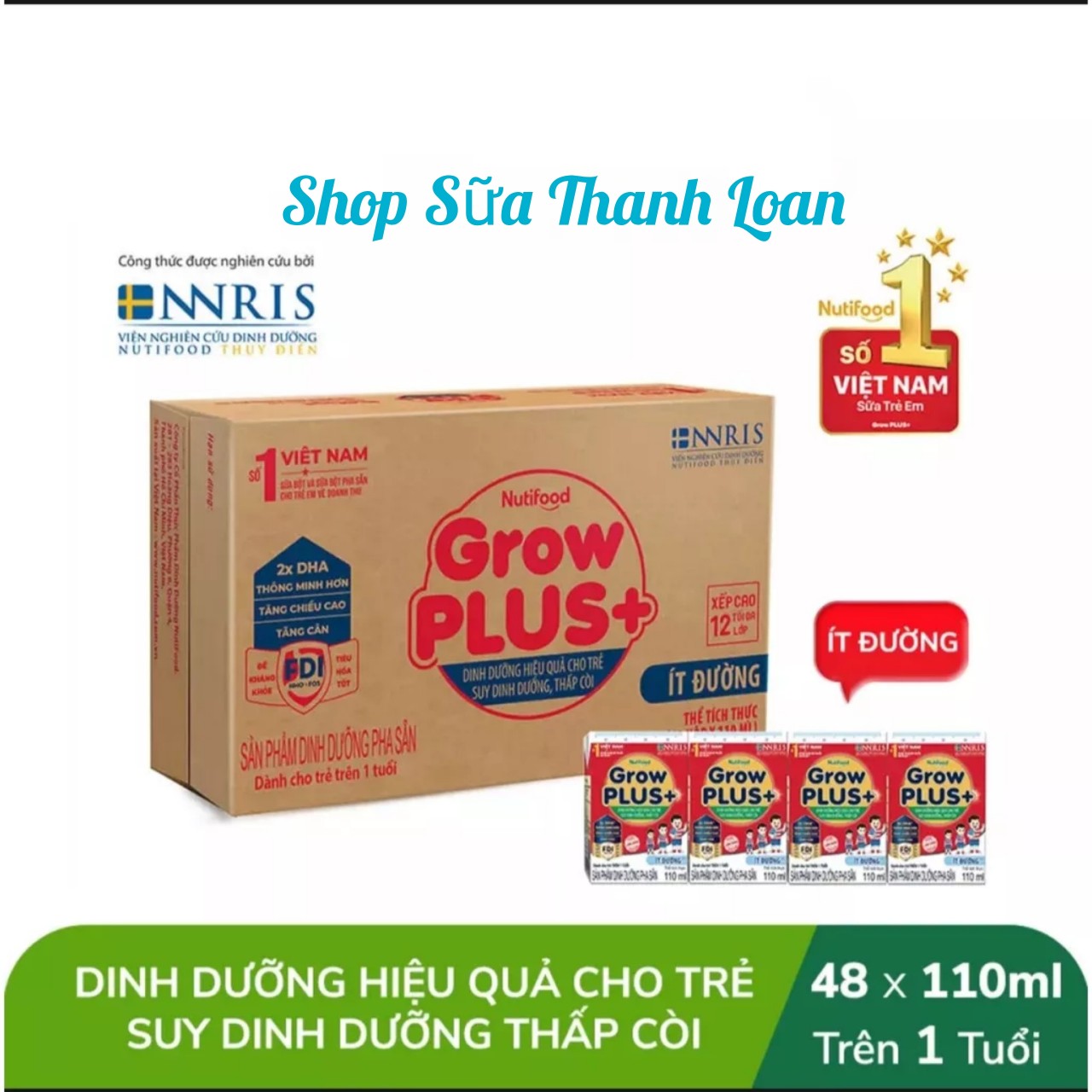 (HSD T5-2025) Thùng 48 Hộp Sữa Bột Pha Sẵn Nutifood GROW PLUS SDD Ít Đường 110ml Đỏ.