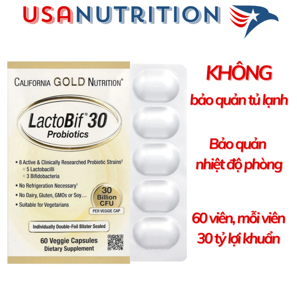 Men vi sinh nhiệt độ thường 30 tỷ lợi khuẩn 60 viên Lactobif ''California Gold Nutrition'' : Giúp hệ tiêu hoá khoẻ mạnh