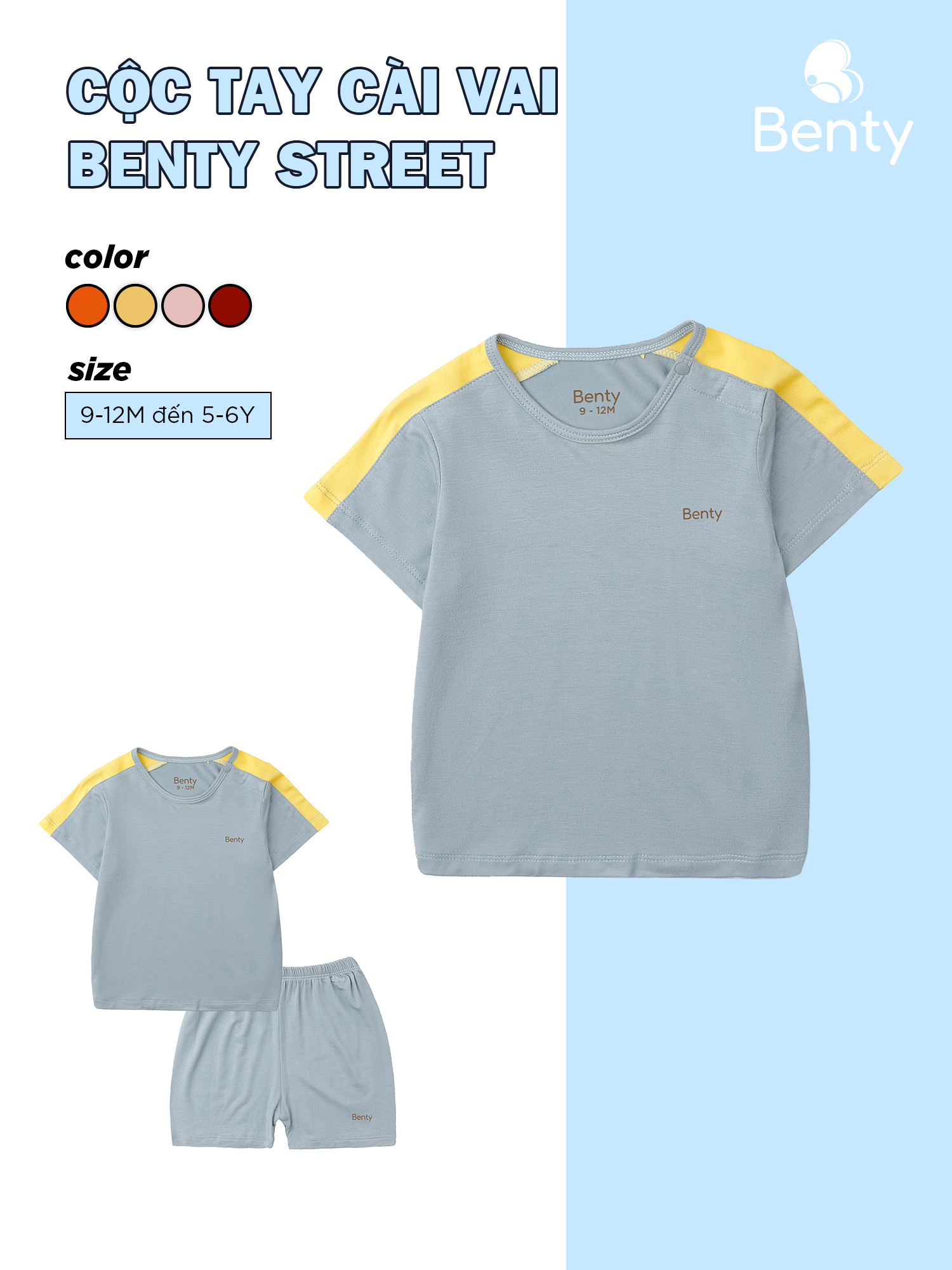  Bộ cộc tay nền xanh than phối vai Benty Street mềm mịn thoáng mát cho bé năng động cả ngày 