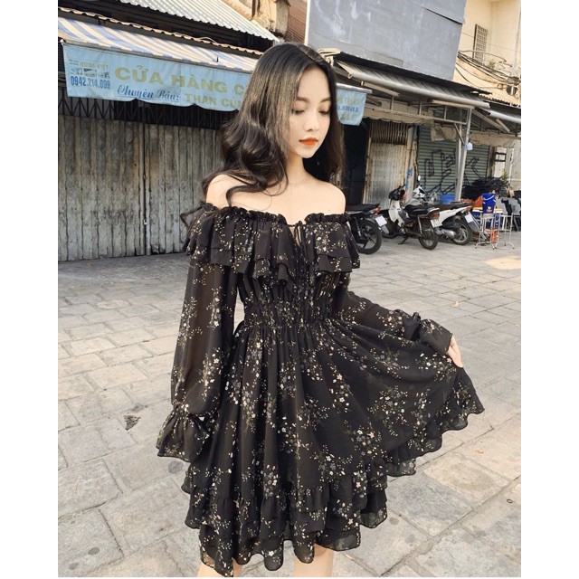 ĐẦM ULLZANG TRỄ VAI HOA NHÍ DÁNG XOÈ STYTE HÀN QUỐC, ĐẦM TRỄ VAI HOA NHÍ BÈO TẦNG BABYDOLL