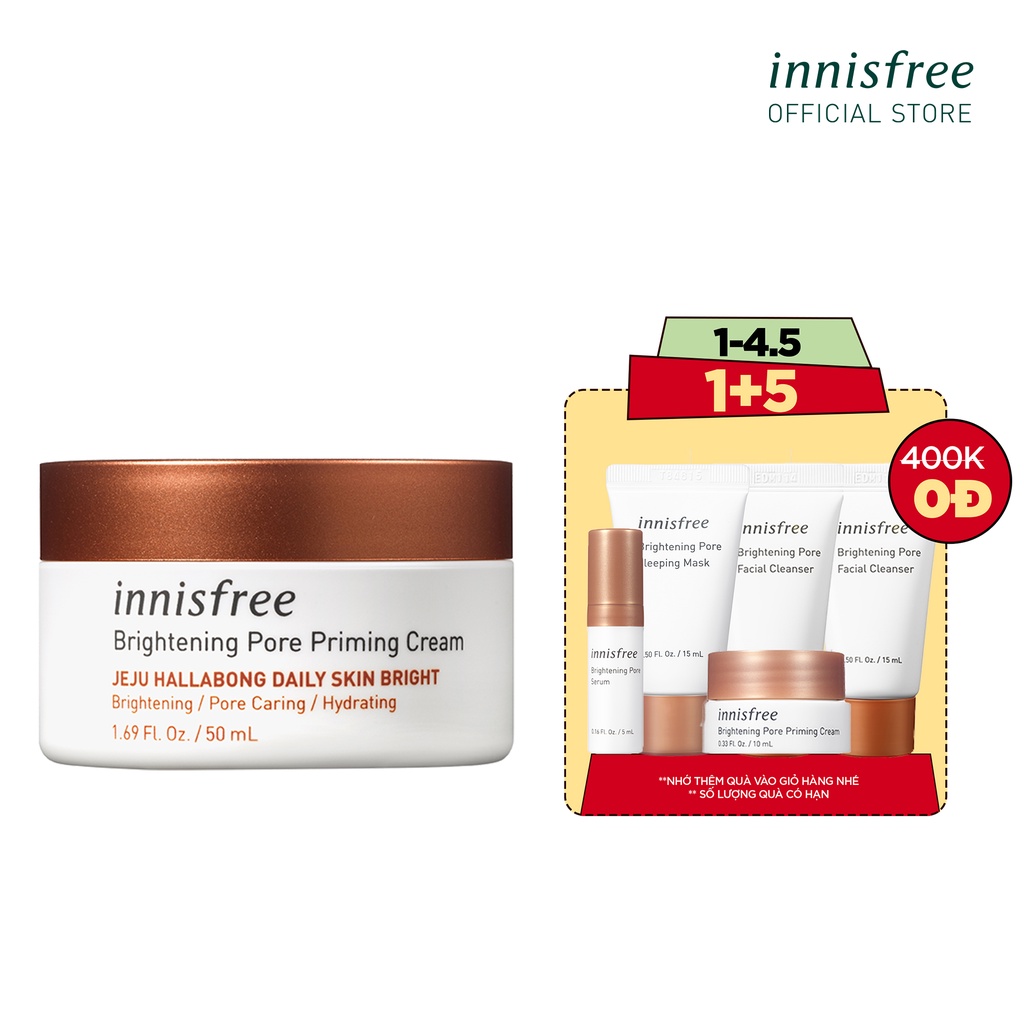 [Nhập RAISINGSTAR18, giảm 30k cho đơn 99k]Hồ Chí Minh Kem dưỡng sáng da 3 trong 1 innisfree Brightening Pore Priming Cream 50ml Hàng sẵn sàng