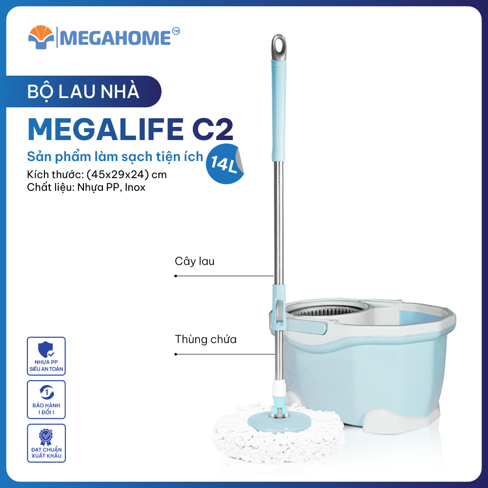 Bộ lau nhà Megalife C2, dung tích 14l, lồng vắt nhựa, xoay 360 độ
