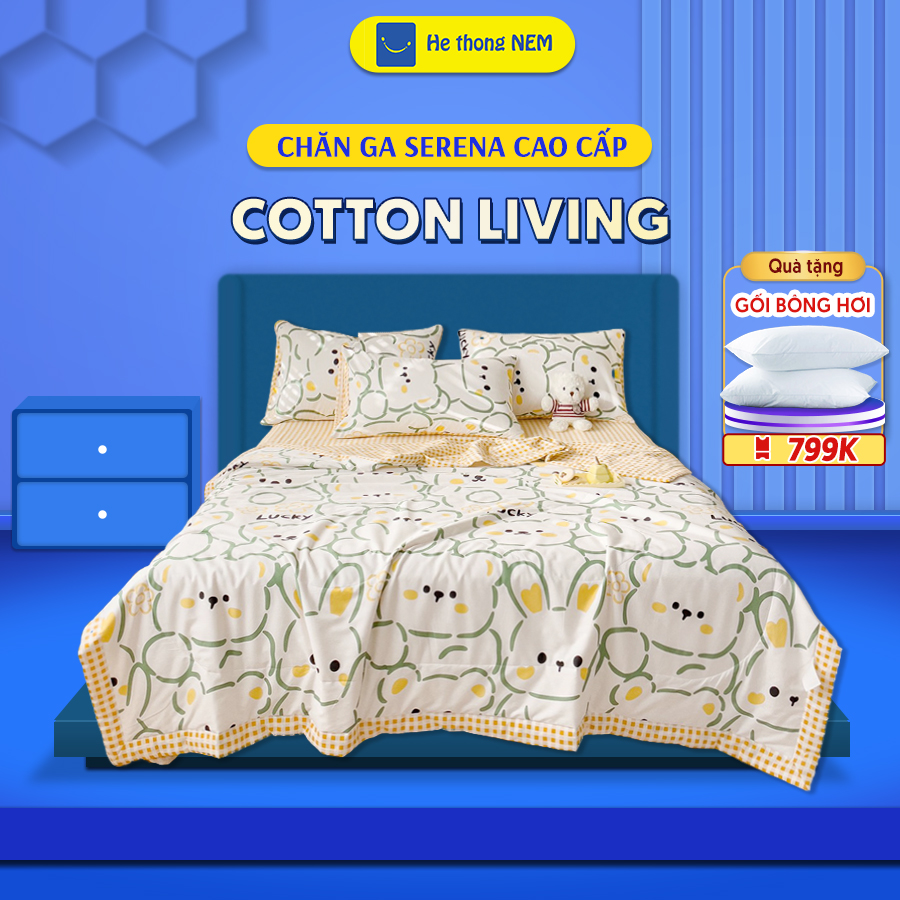 Bộ chăn ga gối đệm 5 món chăn trần bông cao cấp Cotton Living thoáng mát, mềm mại, họa tiết hoạt hình SERENA cao cấp