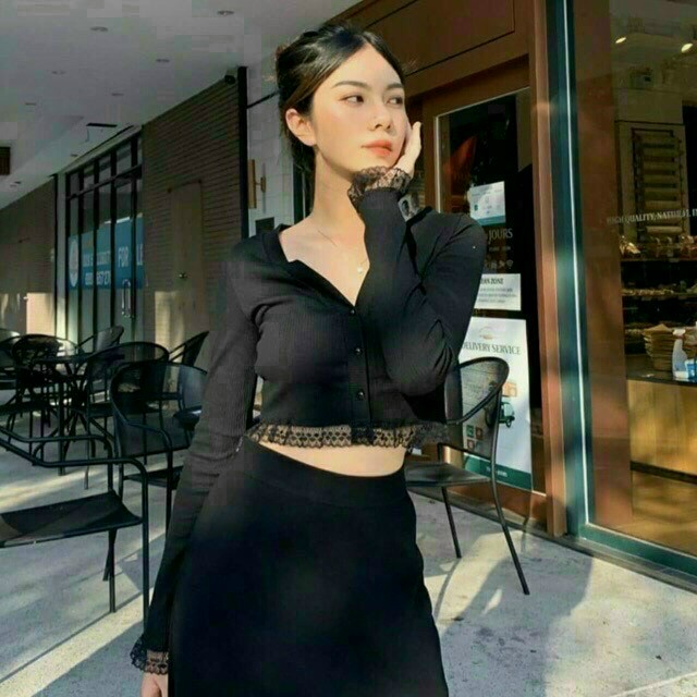 Croptop dài tay cổ V cài nút phối ren chất vải thun gân cao cấp co dãn 4 chiều thời trang nữ siêu xinh