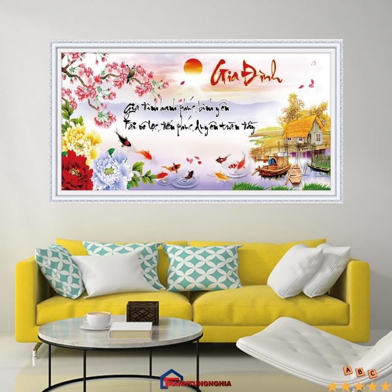 Tranh đính đá LV528 (1m x 55cm), tranh thêu chữ thập gia đình hạnh phúc LV3476 (84cm x 47cm)