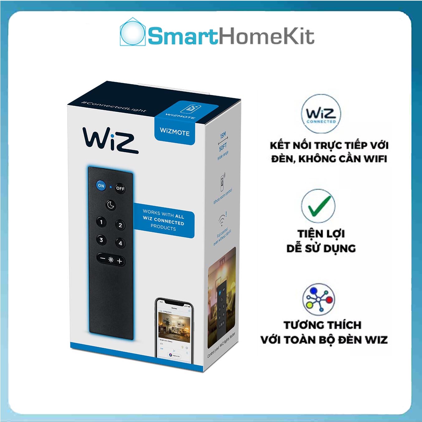 Điều khiển thông minh WiZmote dành cho đèn WiZ - dùng sóng RF, điều khiển độ sáng, tương thích Google Home và Alexa