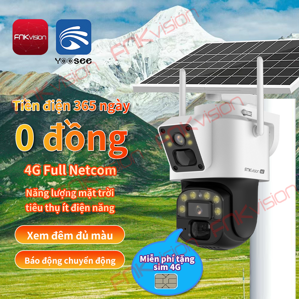 [FNKvision] Camera năng lượng mặt trời 4G Yoosee, 2 mắt 12MP D38Z/4G , xoay chuyển quan sát 360 độ, bảo hành 12 tháng