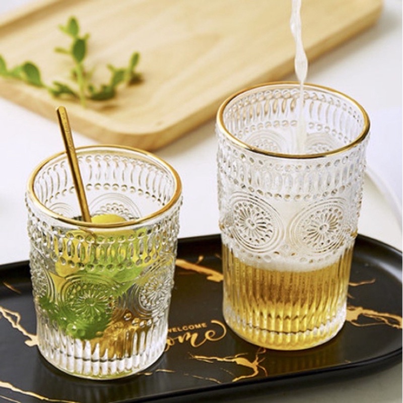Cốc thủy tinh viền vàng vân họa tiết mặt trời, ly thủy tinh cao cấp