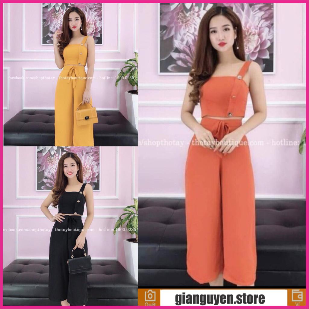 Set Bộ Quần Áo Nữ Kiểu Quần Ống Rộng Chất Cát Hàn Thắt Nơ Eo, Phối Áo 2 Dây Kèm Nút, Phù Hợp Mặc Nhà, Mặc Công Sở (Đủ Màu)