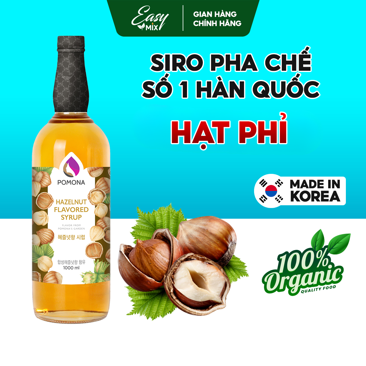 Siro Hạt Phỉ Pomona Hazelnut Syrup Nguyên Liệu Pha Chế Hàn Quốc Chai Thủy Tinh 1 Lít