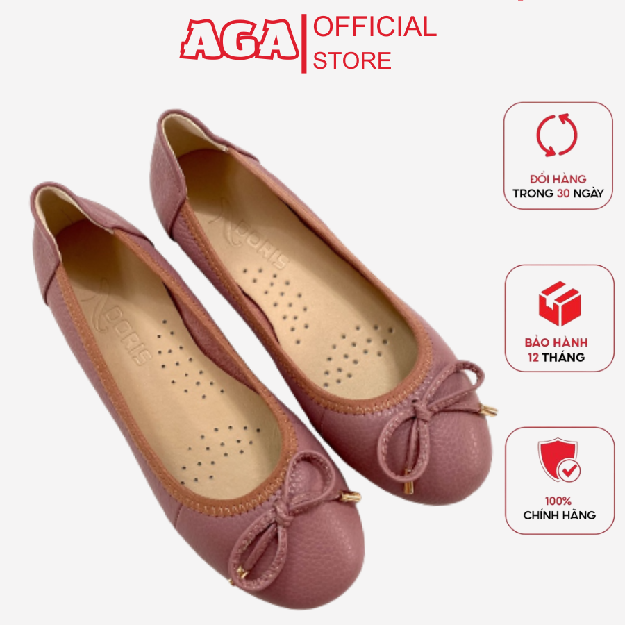 Giày búp bê nữ da thật êm chân mũi tròn gắn nơ aga a07