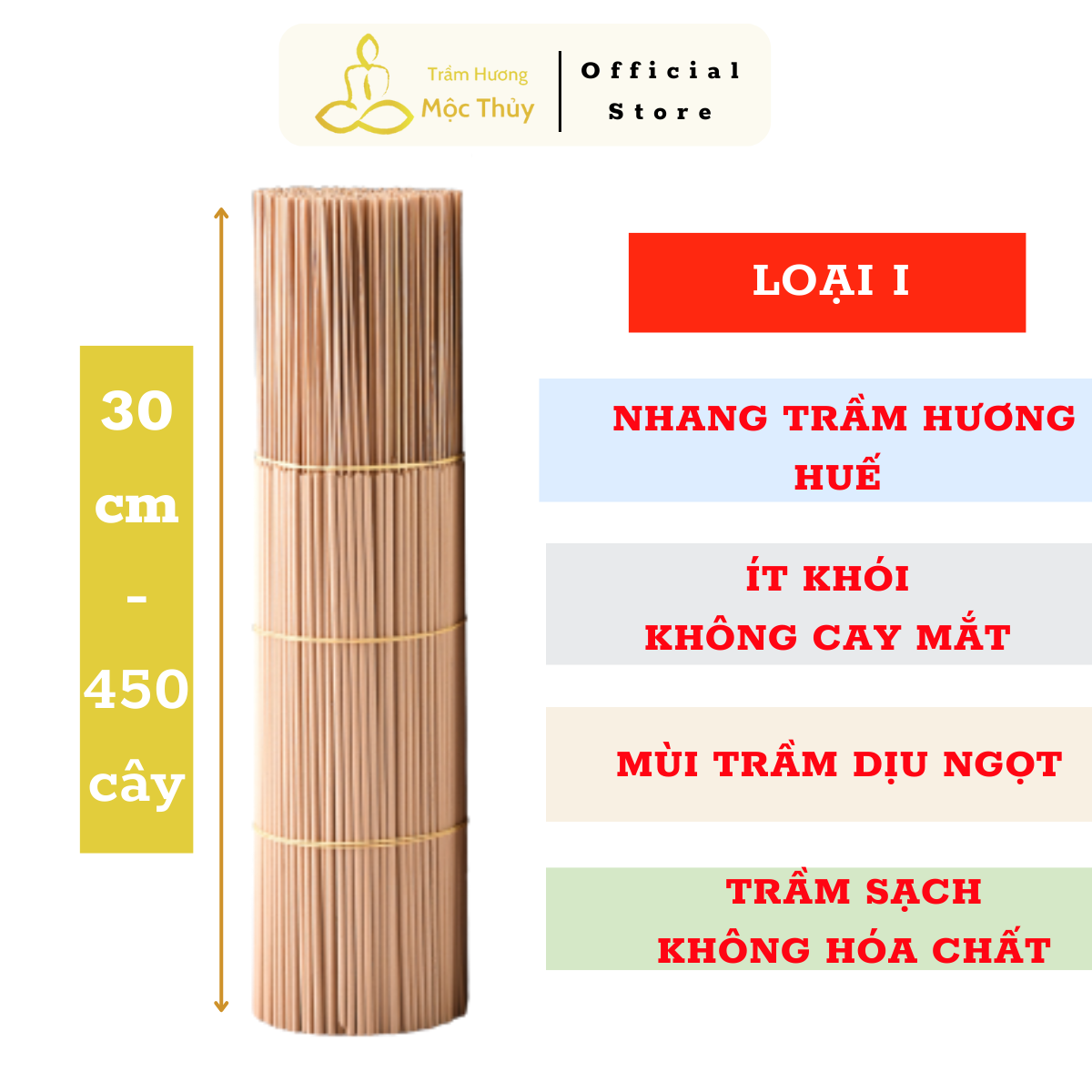 Nhang trầm hương Huế sạch ít khói Mộc Thuỷ Loại 1 bó 450 cây 30cm, nhang trầm hương cao cấp tự nhiên