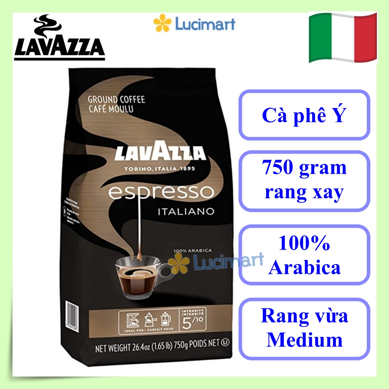 Cà phê Ý Lavazza rang xay Espresso Italiano Ground Coffee, Medium Roast