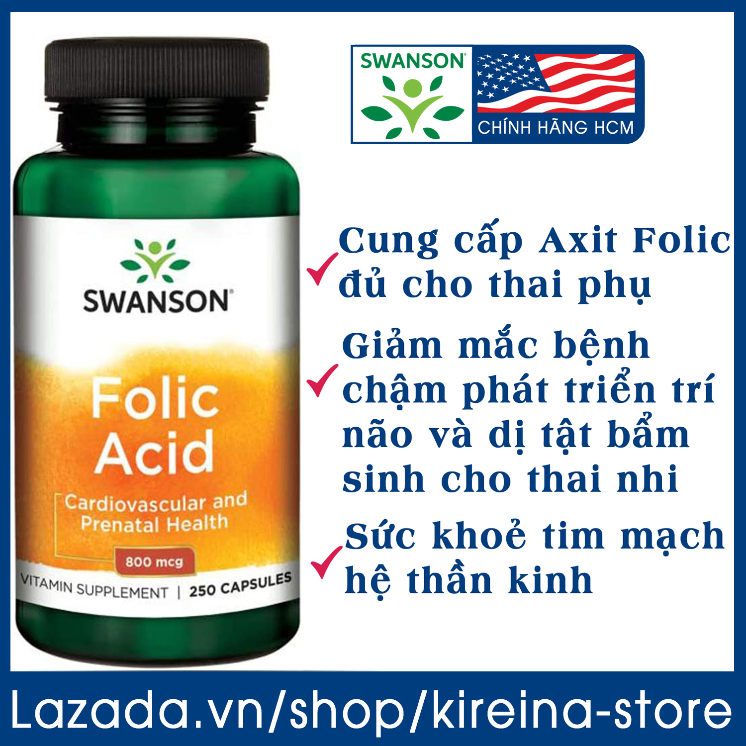 Viên uống Swanson Folic Acid 800 mcg 1335 mcg DFE Folate Bổ sung Axit