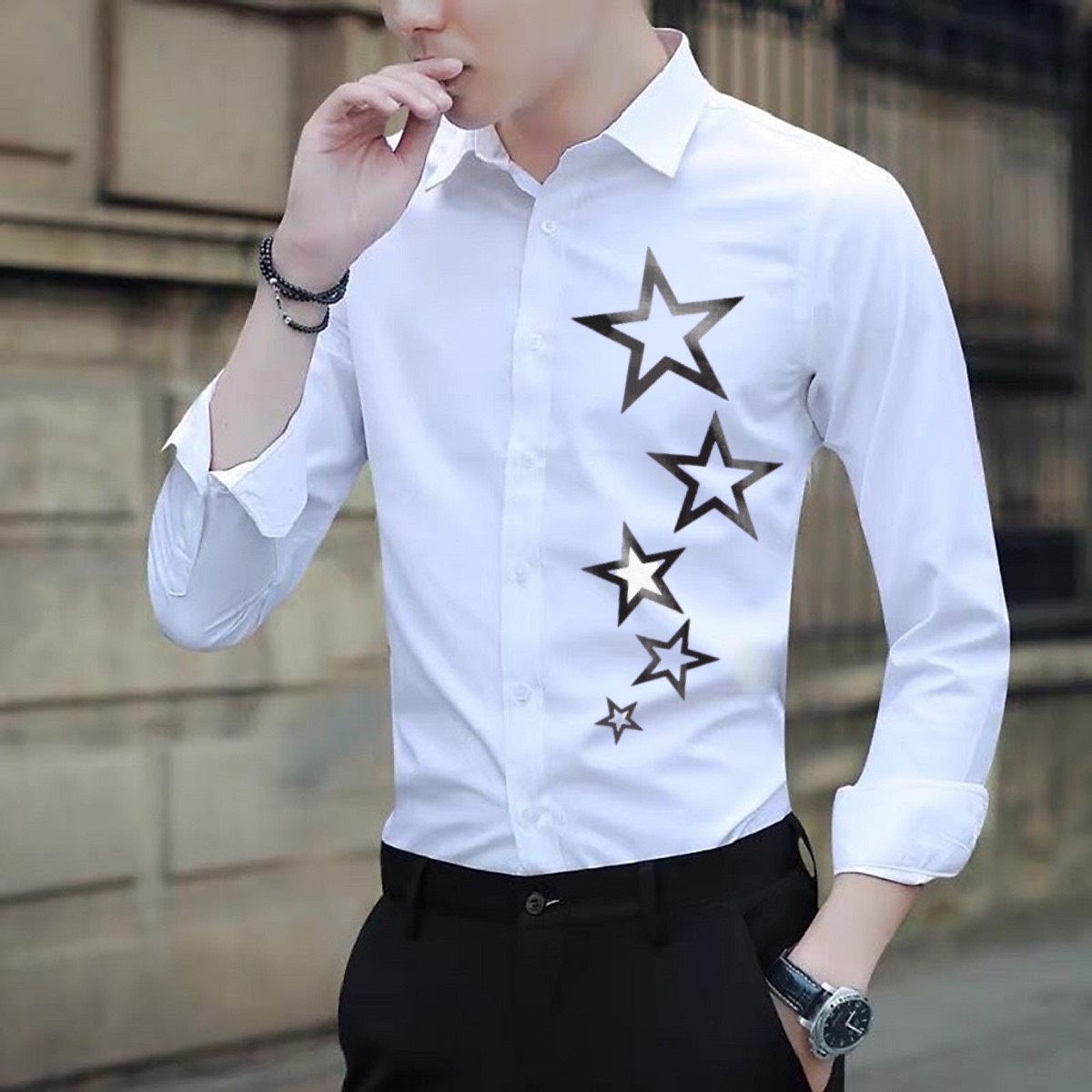 Áo sơ mi dài tay in hình ngôi sao siêu hot, áo sơ mi vải lụa mềm mịn