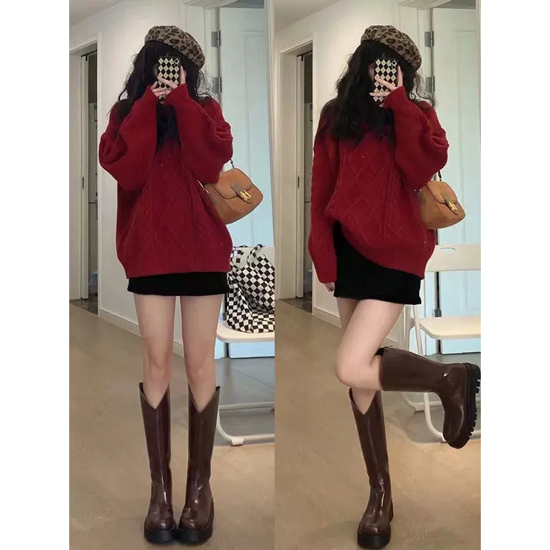 Áo len đỏ nữ SIKY cổ tròn form rộng dài tay kiểu dáng ulzzang vặn thừng mặc Tết, Noel - AL02