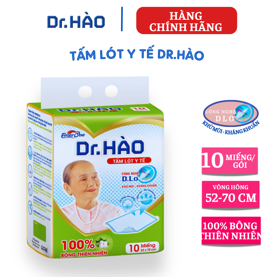 {Hàng chính hãng} Tấm lót y tế DR.HÀO 10 miếng kích thước 52*70cm (BAO GỒM RÌA NILON) Tấm trải giường hỗ trợ người già, người bệnh và phụ nữ sau sinh làm từ bông thiên nhiên kháng khuẩn, khử mùi, thấm hút tối đa
