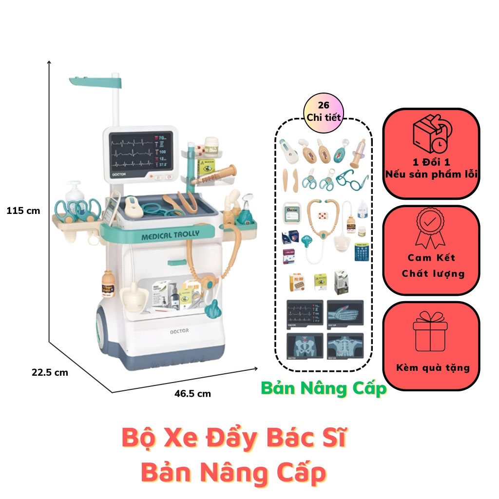 Đồ chơi Bác Sĩ cao cấp có xe đẩy bộ đồ chơi bác sĩ cho bé gái bé trai cỡ lớn.