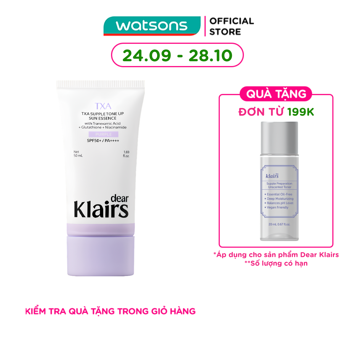 Kem Chống Nắng Dear Klairs TXA Supple Tone Up Sun Essence SPF50+ PA++++ 50ml