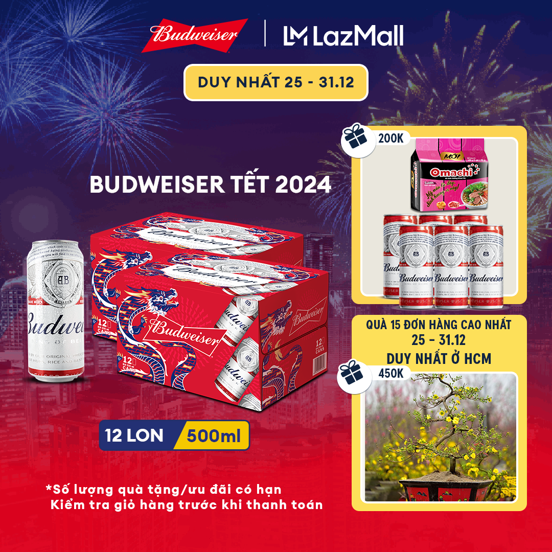 2531.12 TẶNG LỐC MÌLỐC 6 BUDWEISERDATE 14/4/2024VC ĐẾN 100KFSCombo 2 Thùng 12 Lon Bia Budweiser Phiên Bản Tết 2024