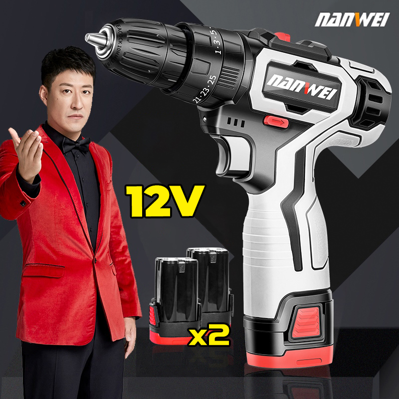 Máy khoan pin 12V D000112V, máy khoan bắt vít cầm tay NANWEI dùng pin sạc, 2 pin Li-Ion chất lượng cao, đèn led chiếu sáng, có thể điều chỉnh 25 tốc độ, tặng kèm bộ đồ nghề