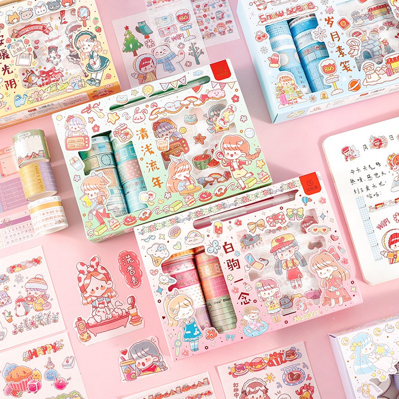 Hộp 12 Washi Tape Kèm 10 Vỉ Sticker (TẶNG 1 Dao Cắt Tỉa)