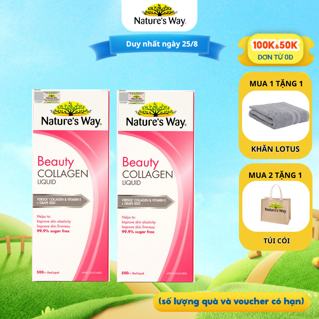 Combo 2 hộp collagen dạng nước nature's way beauty collagen liquid bổ sung collagen thủy phân giúp sáng da 500ml