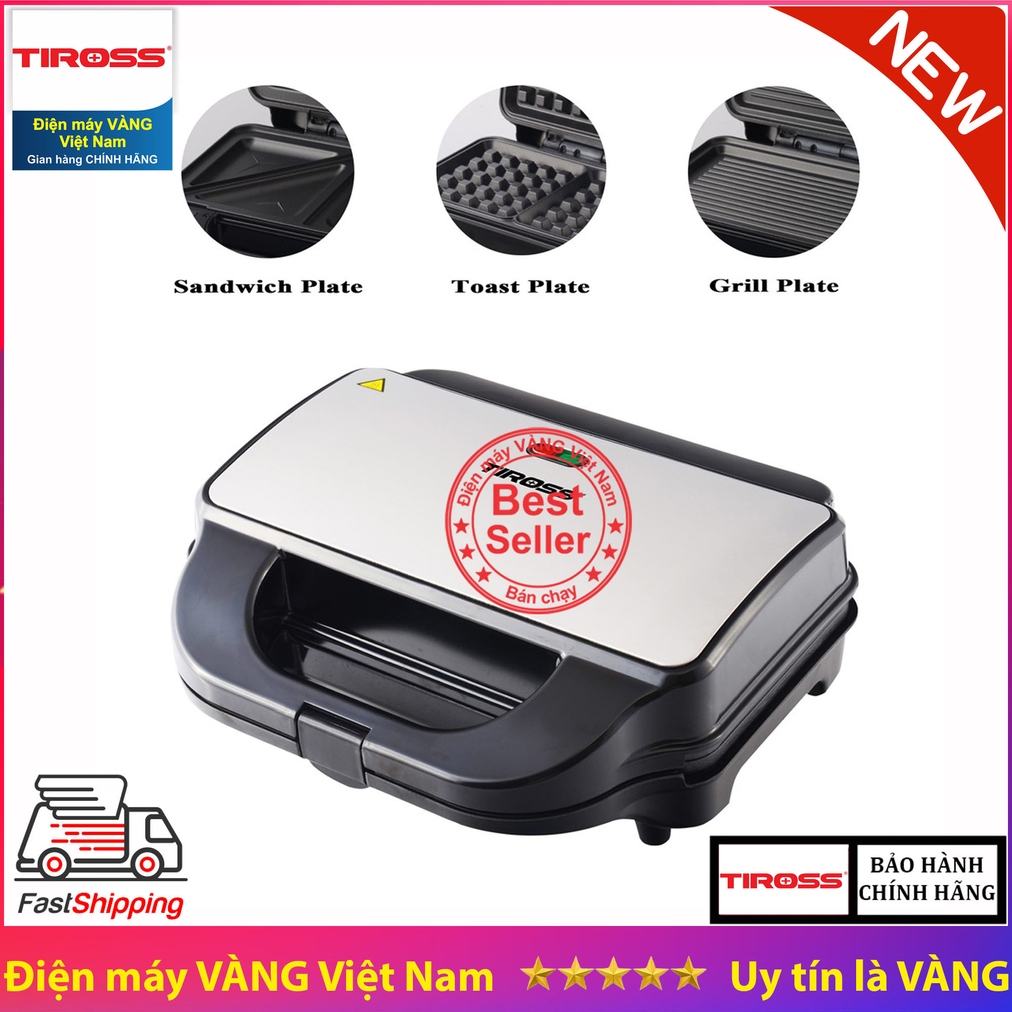 Máy kẹp nướng bánh Sandwich và Waffle Tiross TS9655 có khay nướng thịt thay thế TS513 TS514