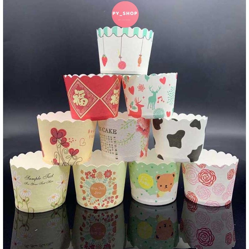 Cốc giấy cứng họa tiết ngẫu nhiên đáy 5cm đựng và nướng bánh cupcake đáy 5cm và 7cm