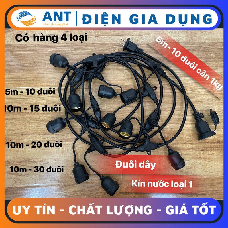Dây đèn kín nước ngoài trời dây tròn lớn 10m 20 đuôi, 5m 10 đuôi ,10m 15 đui e27