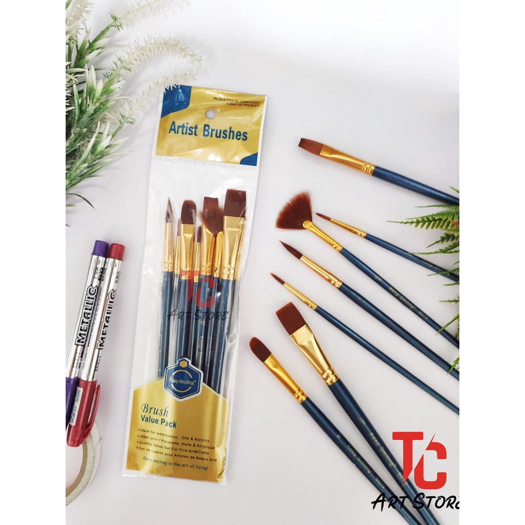 Cọ vẽ màu nước keep smiling 7 cây - kèm cọ quạt - tc art