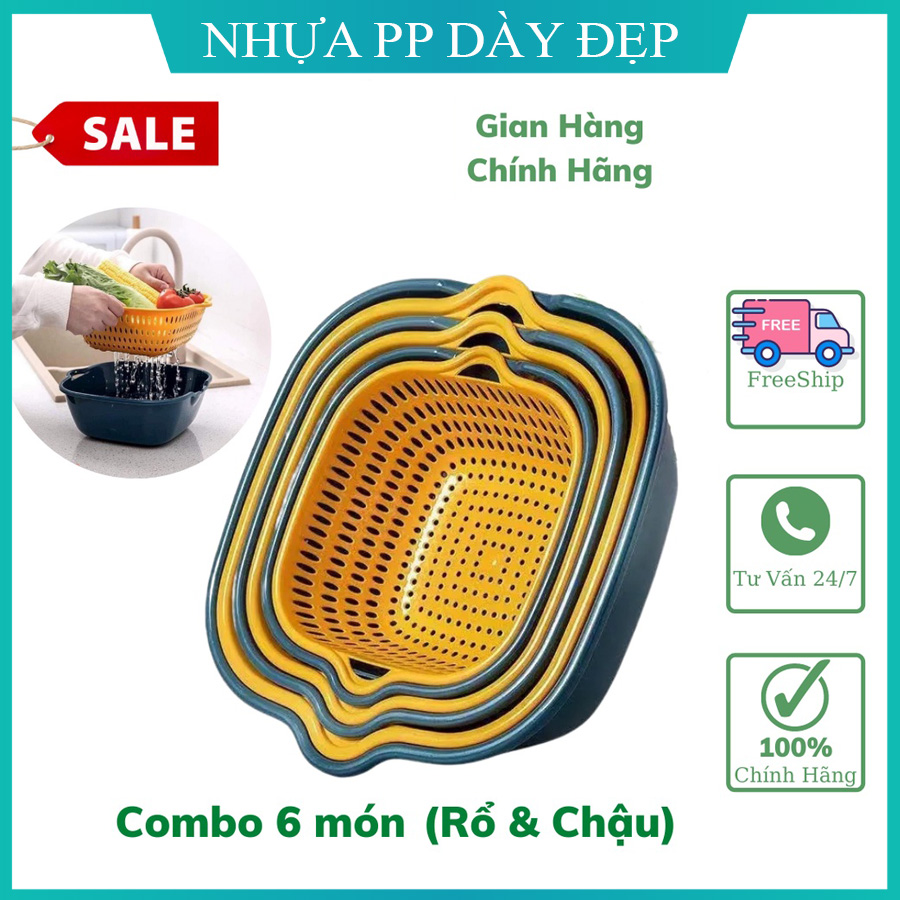 [ Xả Kho Hàng Đẹp ] Set 6 rổ kèm chậu, bộ 3 rổ và chậu, thau nhựa rửa rau củ đựng hoa quả trái cây 2 lớp chất liệu nhựa PP dày đẹp