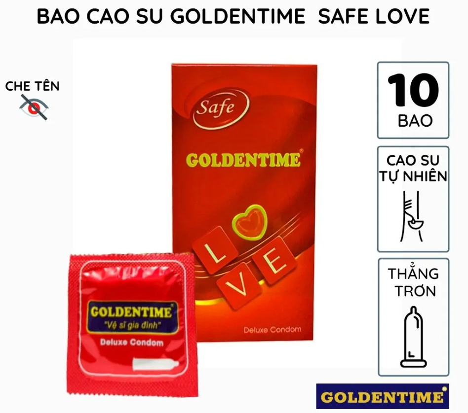 Bao cao su giá rẻ Goldentime safe love trơn bóng hộp 10 chiếc