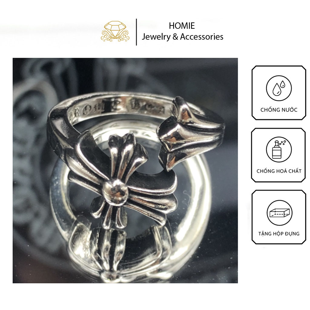 Nhẫn chrome heart bạc 925 cao cấp, nhẫn bạc nam nữ hình thánh giá dạng uốn vòng, nhẫn đôi kích thước tùy chỉnh
