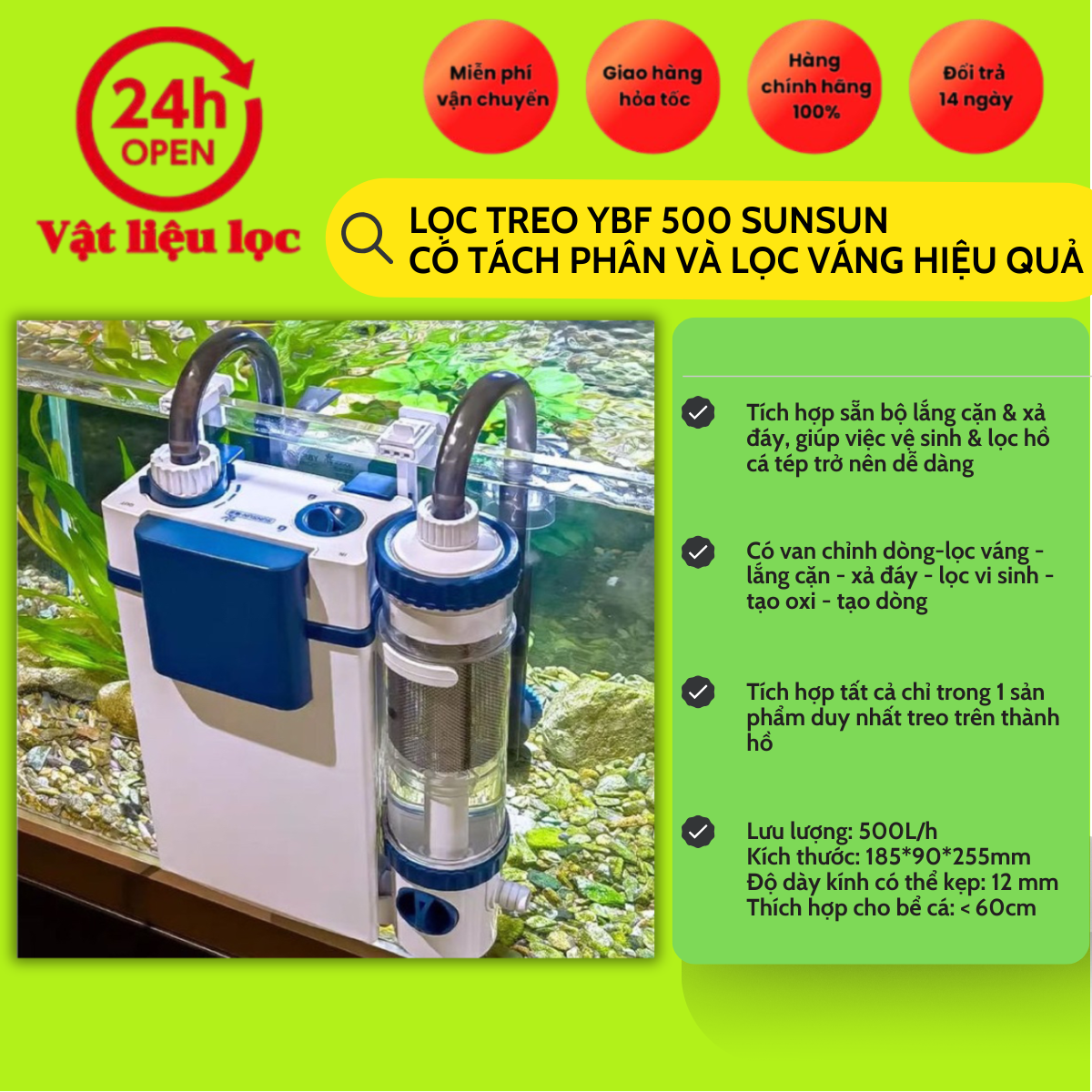  Lọc treo YBF 500 Sunsun có tách phân và lọc váng hiệu quả 