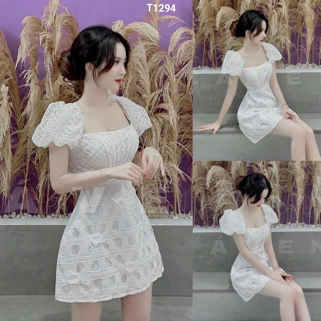 Đầm lưới thêu hoa tay phồng có mút lưới thêu hoa T1294