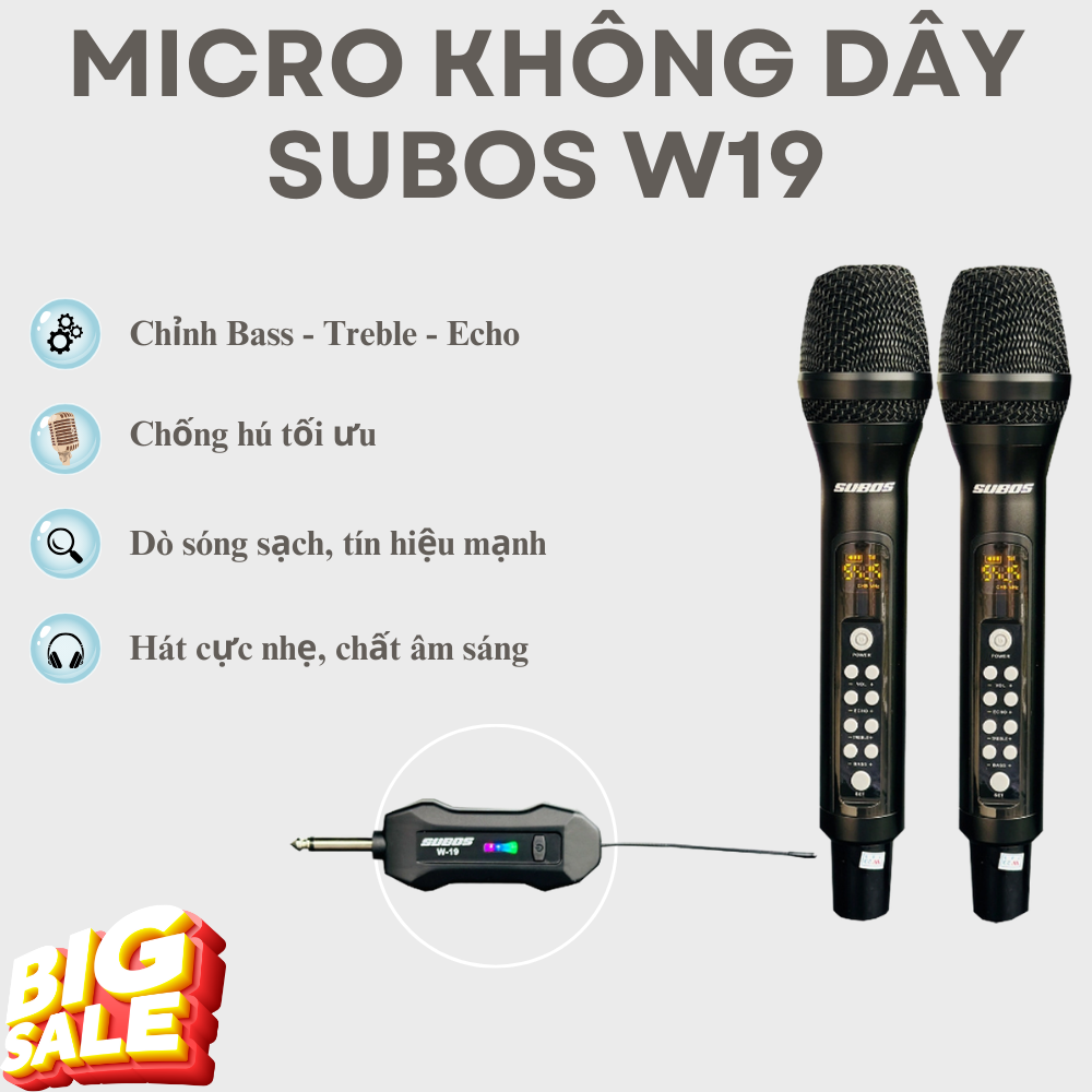 Trọn Bộ Micro Không Dây Cao Cấp SUBOS W19, Chỉnh Bass, Treble, Echo Trên Thân Mic, Micro Không Dây Đa Năng Dùng Cho Loa Kéo, Âm Ly, Mixer, Vang Cơ, Vang Số, Độ Nhạy Cao, Chất Âm Cực Hay, Bắt Xa Trên 10m