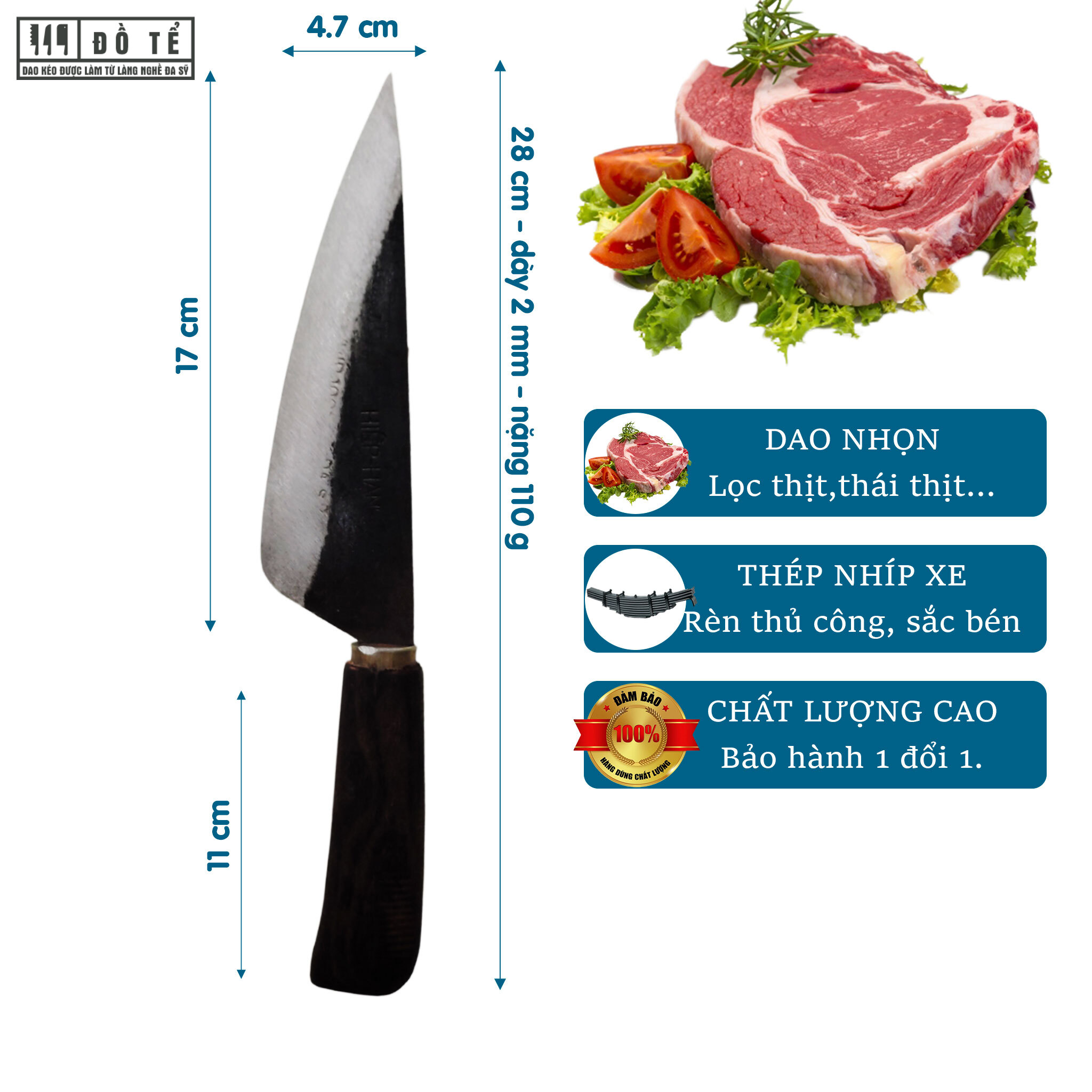 Dao nhọn, dao bầu thép bản to nhíp xe nhíp 100%- dao nhà bếp đồ tể - đa sỹ - hl12
