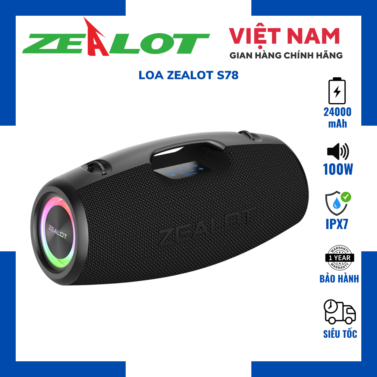 Loa Bluetooth Zealot S78| Loa Công suất 100W, Bass Mạnh, Pin Trâu 24000mAh, Kháng nước- Chính hãng, Bảo hành 12th- OBIBI