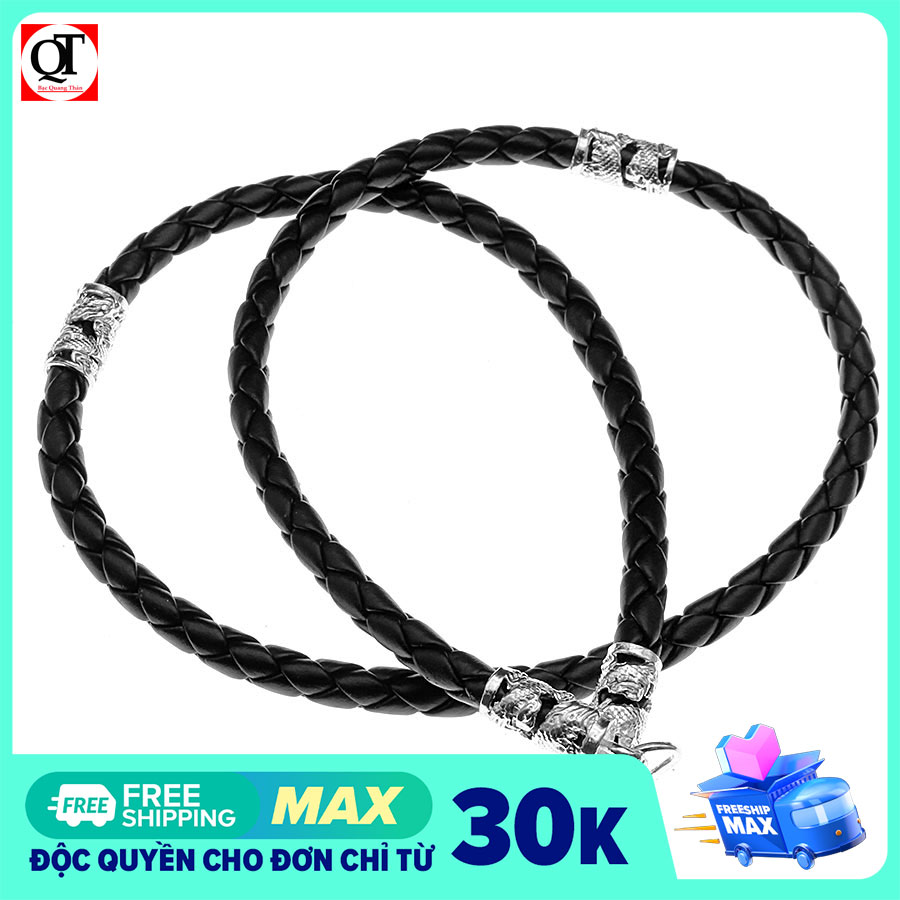 Vòng cổ da bọc bạc, dây da trơn bọc bạc độ dài 50 cm kích cỡ 4,5 mm bọc 4 đốt đúc hình rồng chất liệu bạc thật không xi mạ thương hiệu Bạc Quang Thản - QTVCD1