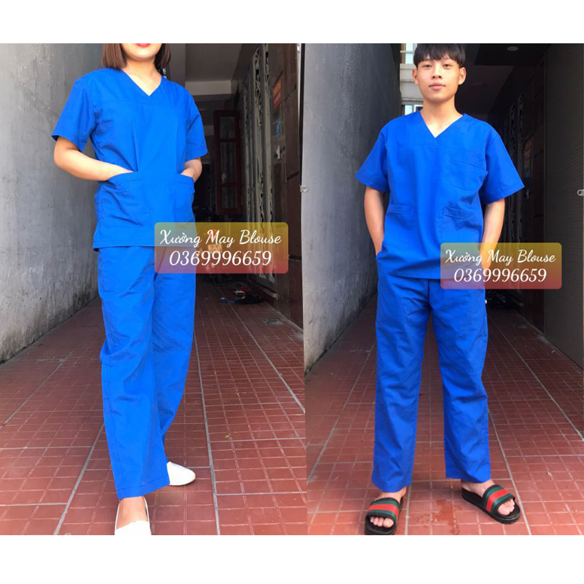 Bộ quần áo cổ tim kỹ thuật viên - Bộ scrubs nam nữ cộc tay màu xanh Cô Ban