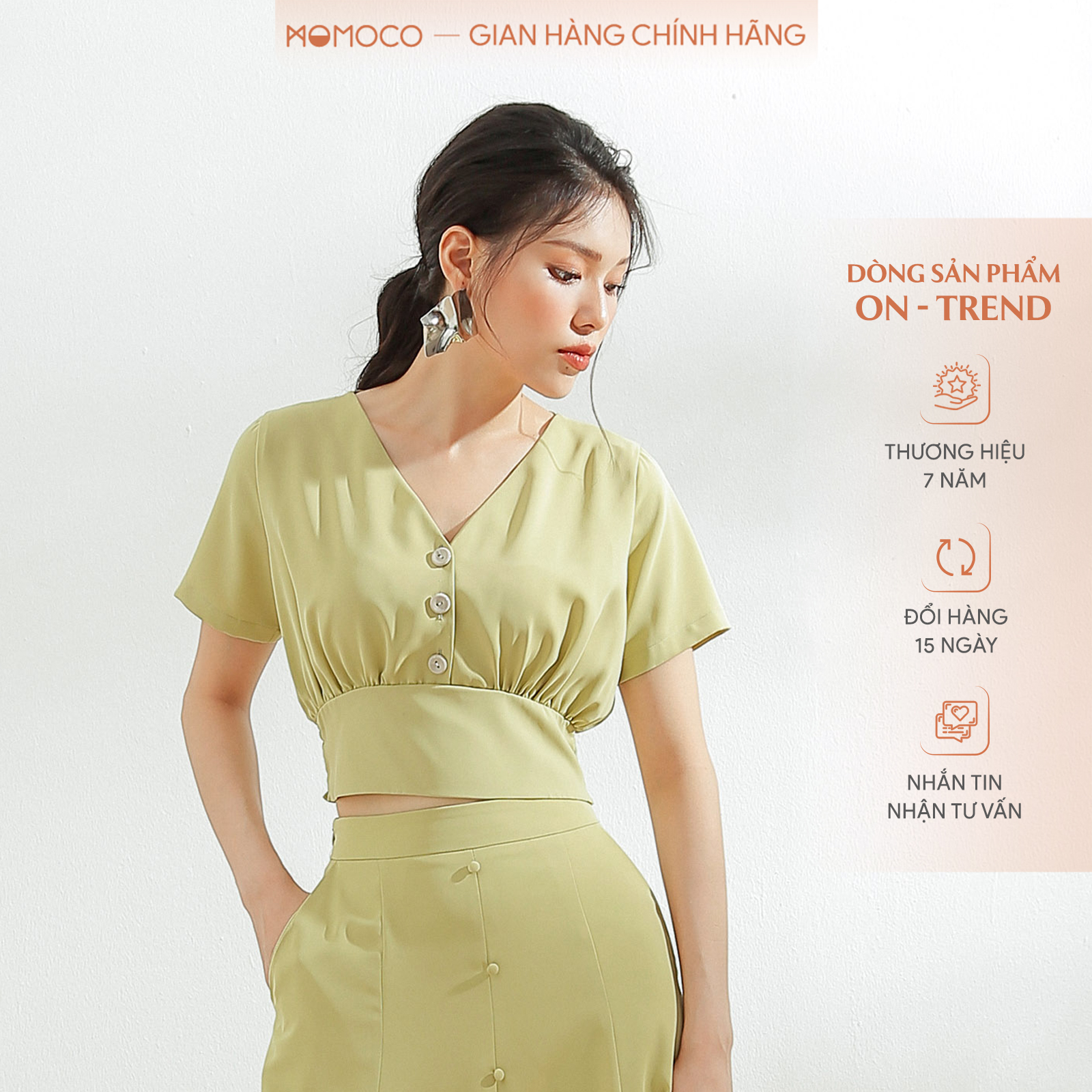 Áo croptop nữ cổ v momoco m2849 khuy ngực chun eo thân sau chất trượt mềm mịn ôm sát
