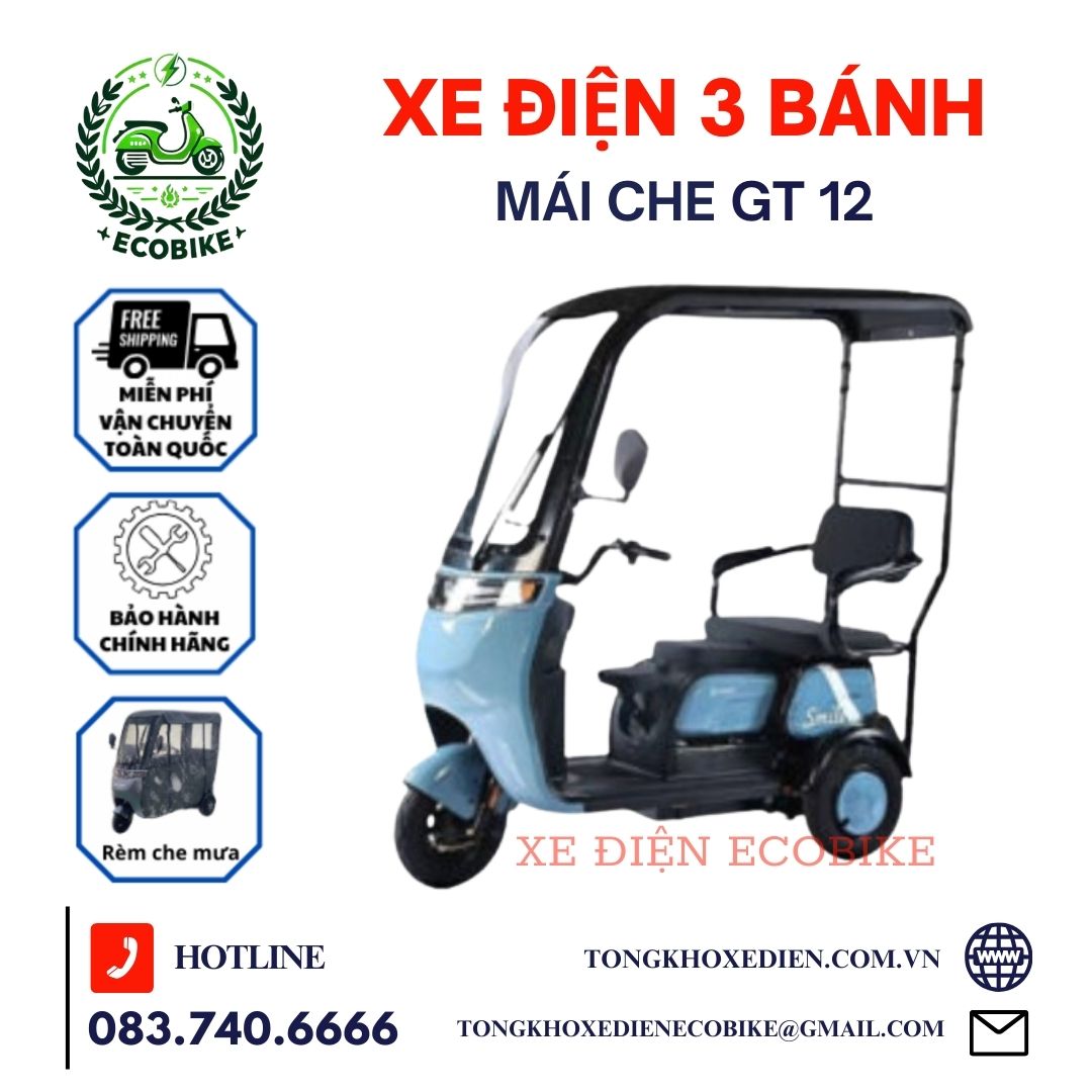 Xe Điện 3 Bánh GT 12 Có Mái Che, Xe điện cho người già, Người khuyết tật, Mẫu mới 2024, Khung thép chắc chắn, BH 1 năm