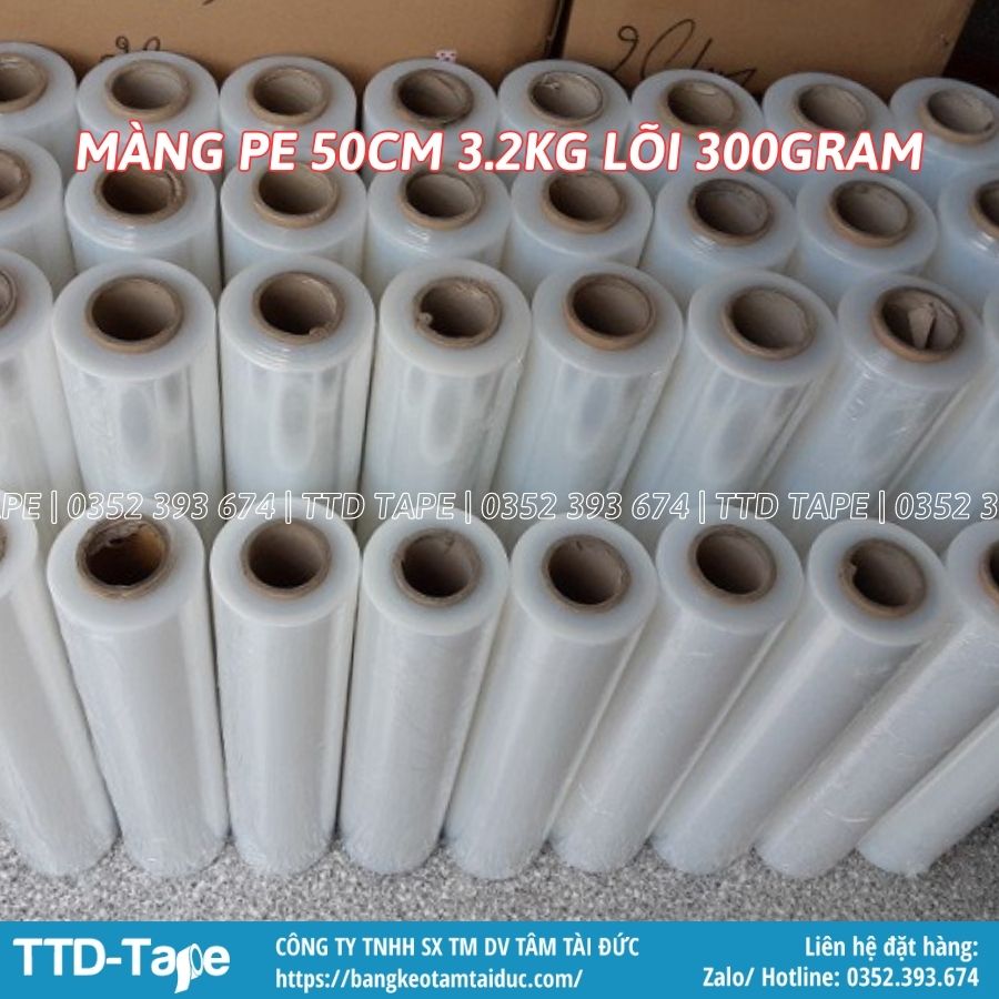 Màng pe 3.2 kg khổ 50cm lõi mỏng 0.3 kg màng chít màng co quấn pallet